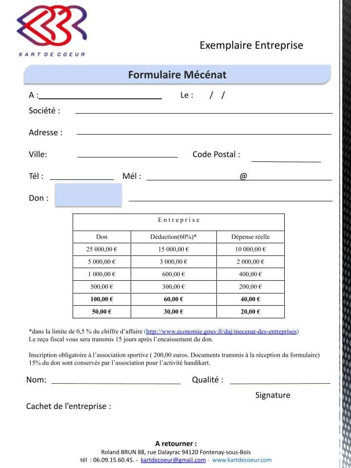 Formulaire de mécénat pour Kart de Coeur.